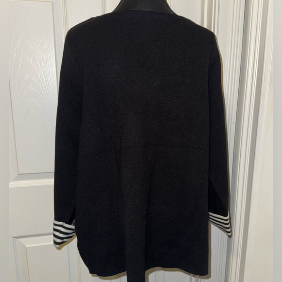 Tahari Black and White Crew Neck Sweater with Striped Cuffs - Picture 3 of 6